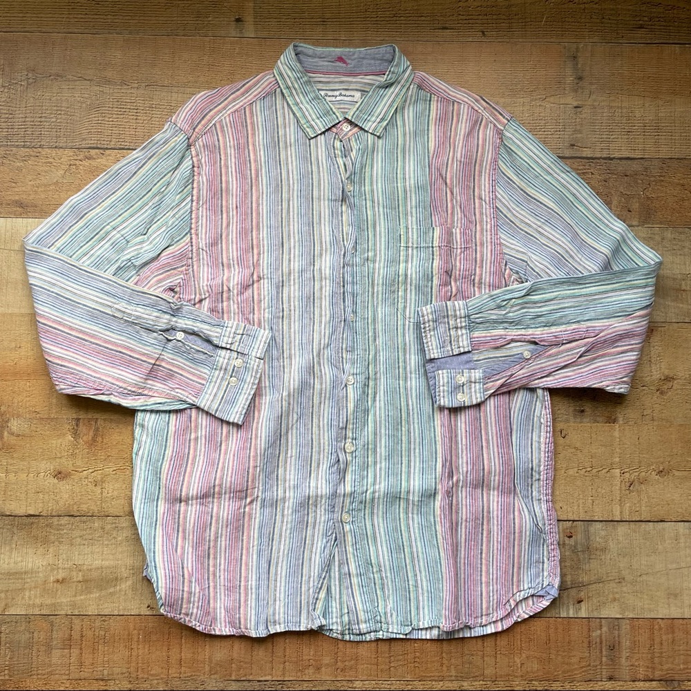 Tommy Bahama 100% Linen Colorful Striped Buttondown Long Sleeve Shirt LARGE
